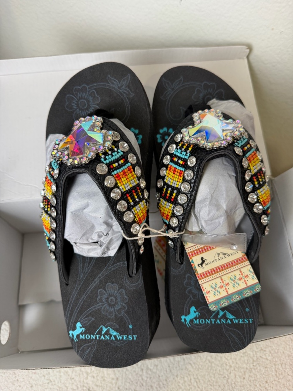 Montana West Black Beaded Rhinestone Cross Wedge Sandals-NIB - Picture 5 of 8
